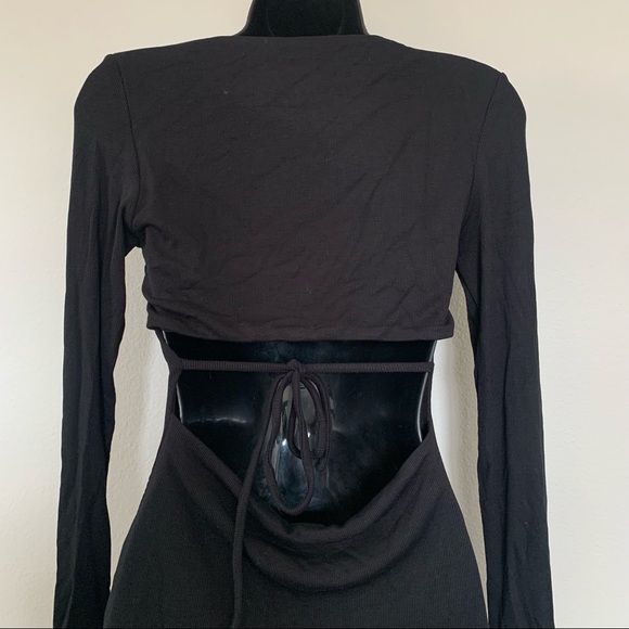 Princess Polly Black Long Sleeve Square Neck Tie Cut Out Back Mini Dress - Picture 8 of 11